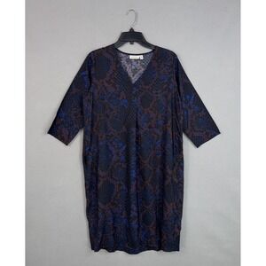 Masai Dress Womens XS Blue Snake Print V Neck 3/4 Sleeve Shift Midi Pockets